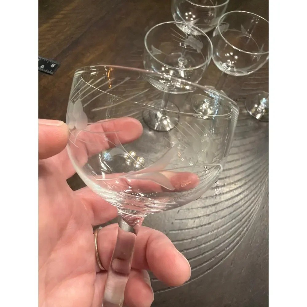 Vintage Etched Glass Wine Claret Glass Set Of 5 Stemware 4 3/4